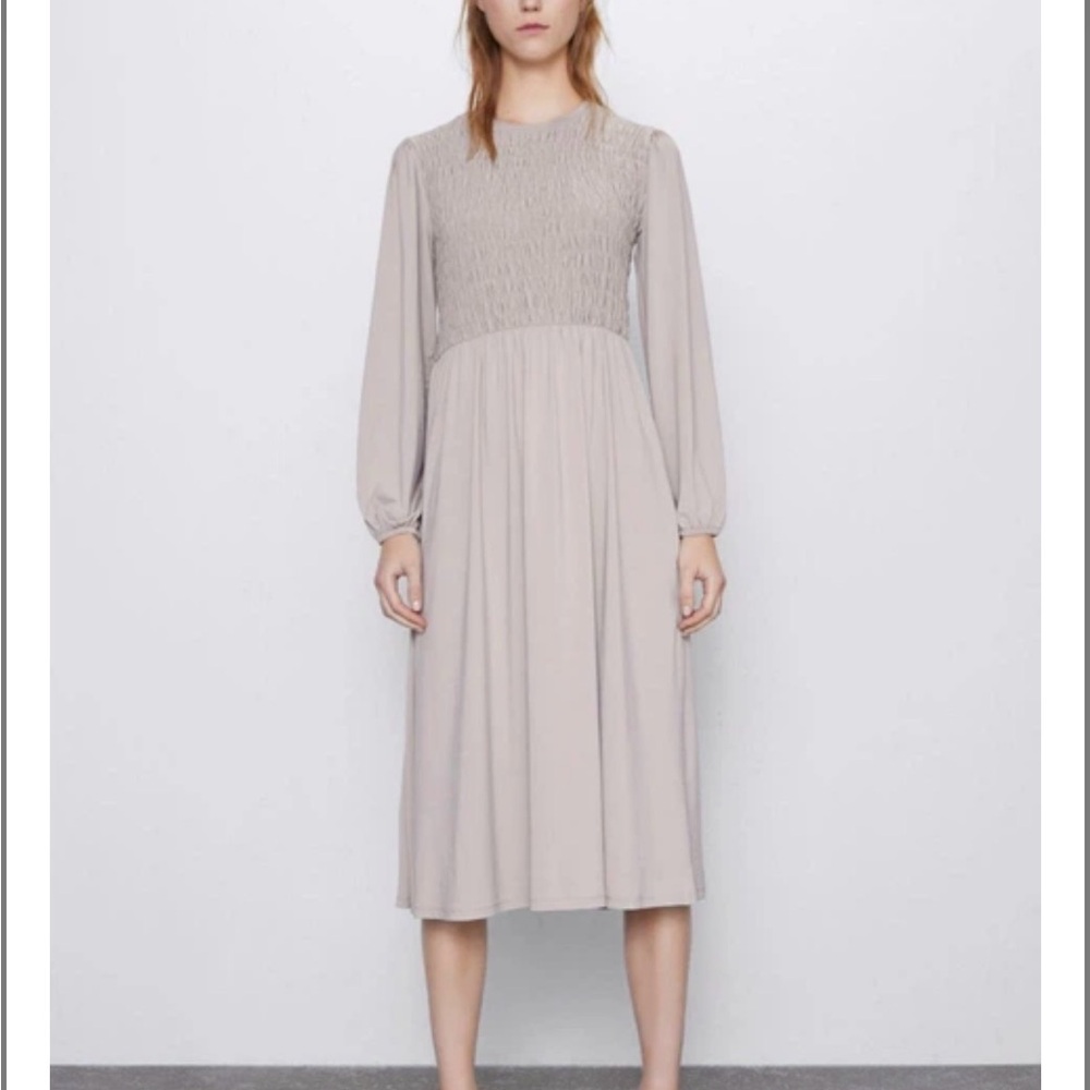 Zara Smocked Bodice Long Sleeve Midi Dress in Light Taupe